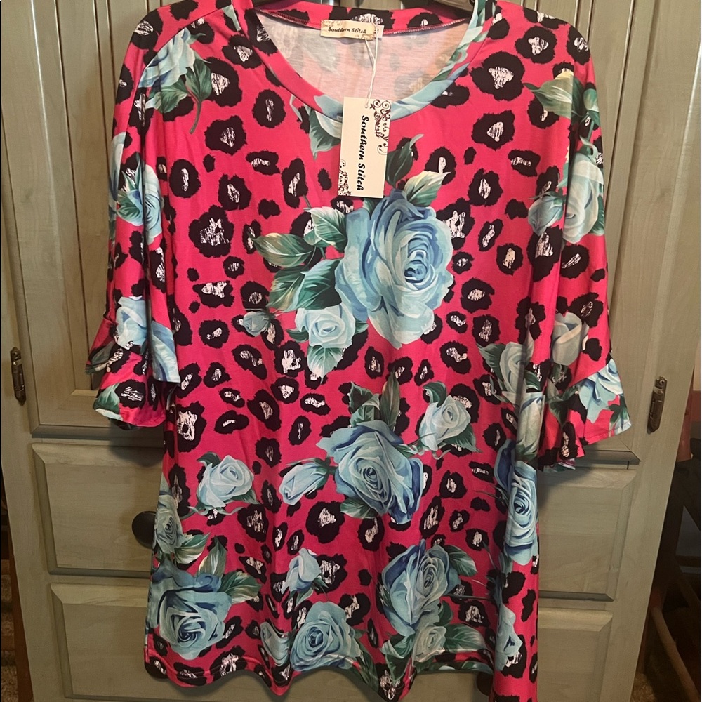 Boutique Pink Leopard & Floral Blouse